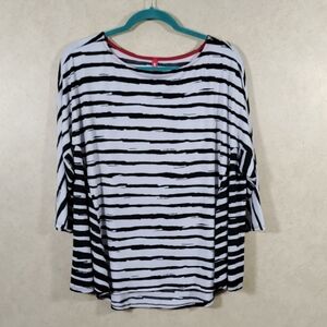 01130 IC by Connie L black & white striped 3/4 sleeve knit tunic L